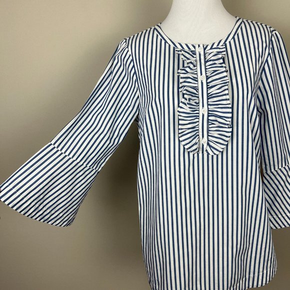 Draper James Top Womens Small Blue Striped 3/4 Bell Sleeve Cotton Ruffle Relaxed - Picture 4 of 11
